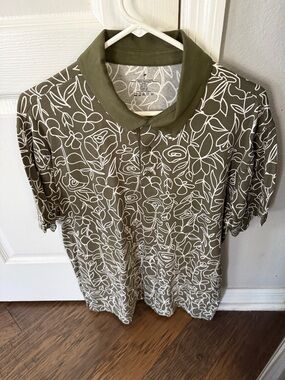 Fabletics Olive Green Polo with White Floral Line Print